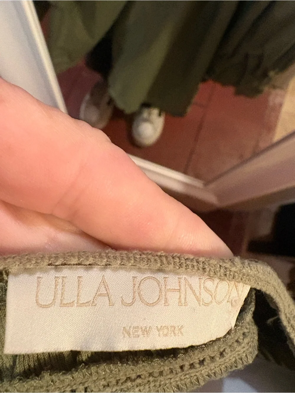 Ulla Johnson Olive Green cotton lace trim puff sleeve Peasant Blouse size 8